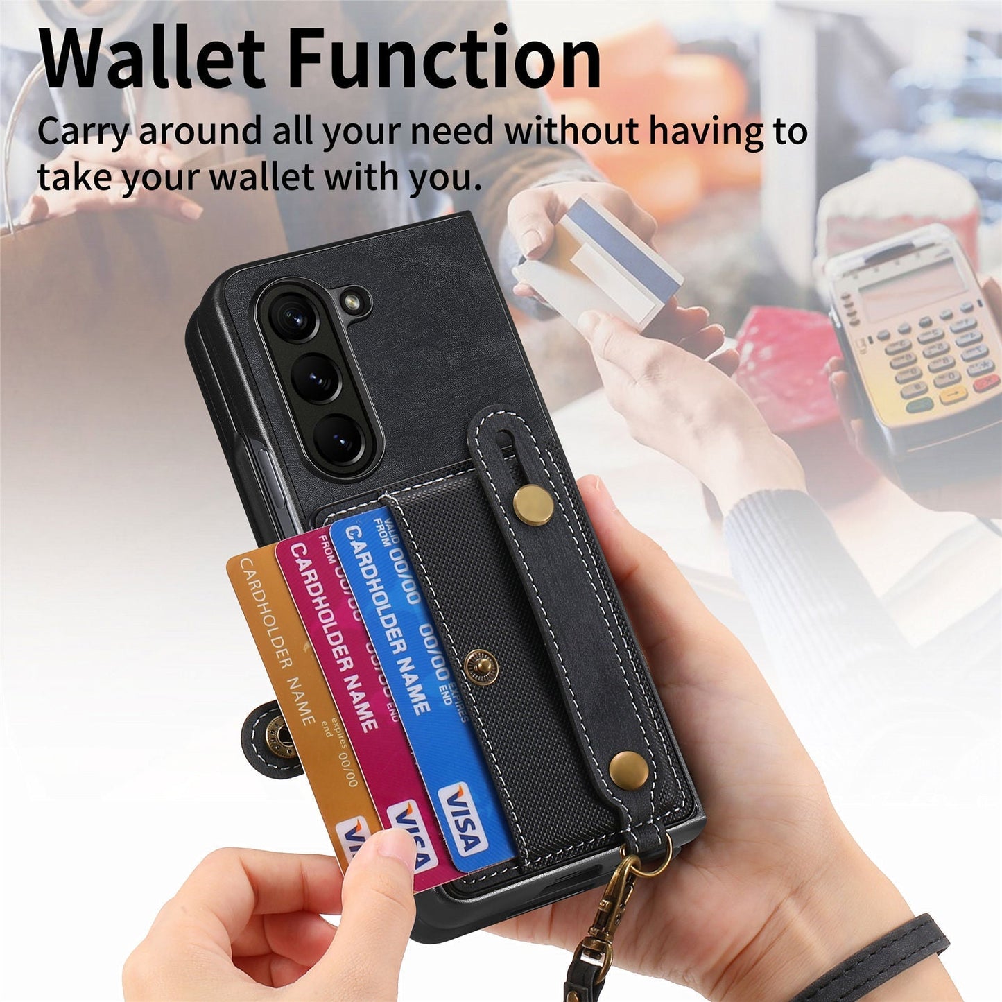 Wristband Lanyard Card Slot Leather Case Samsung Z Fold Phone Case