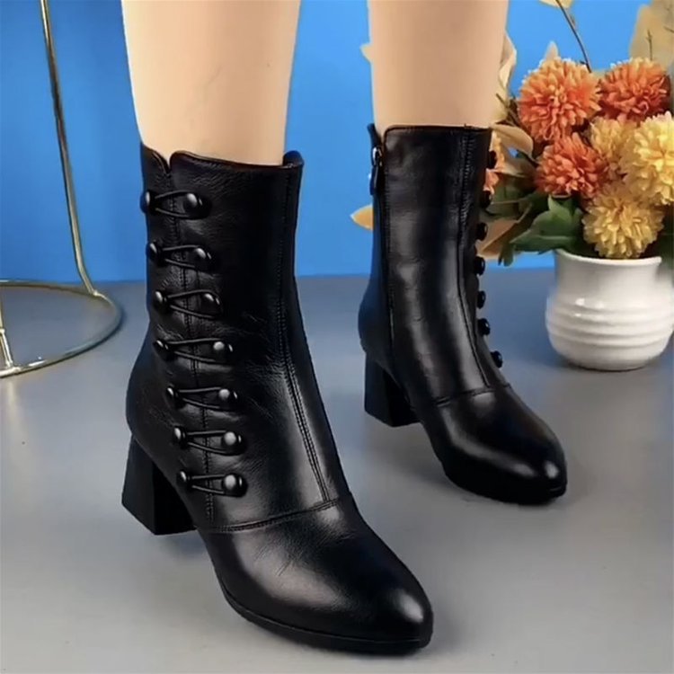 Women's Warm Side Button Leather Ankle Boots