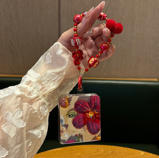 Blue Rhinestone Big Red Flower Lanyard Phone Case For Samsung Z Flip 3/4/5/6