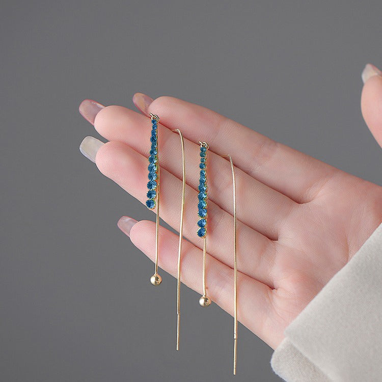 🎄CHRISTMAS PRE-SALE🎁14K GOLD-PLATED LONG CRYSTAL THREADER EARRINGS