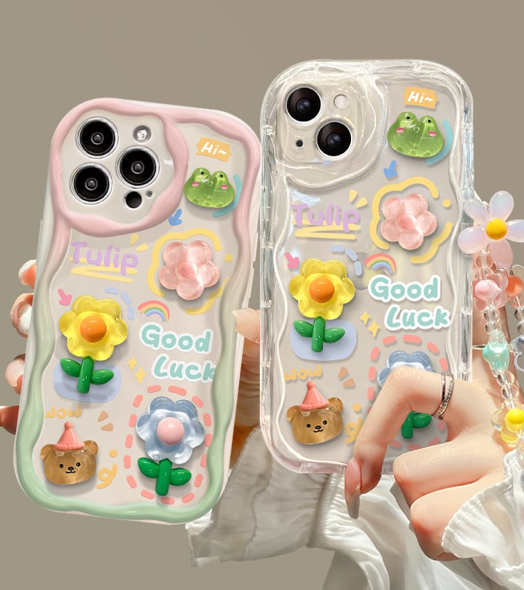 Cute Phone Case for iPhone Series Teens Case with Cute Clear 3D Flower Floral and Flower Chain Lanyard Wrist Strap Clear Phone Case for Girls Womens