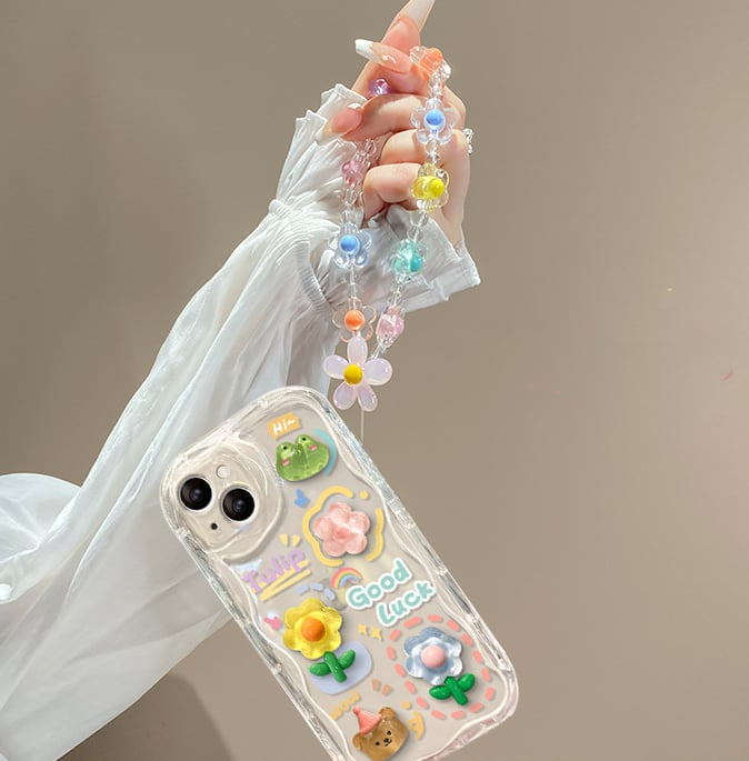 Cute Phone Case for iPhone Series Teens Case with Cute Clear 3D Flower Floral and Flower Chain Lanyard Wrist Strap Clear Phone Case for Girls Womens