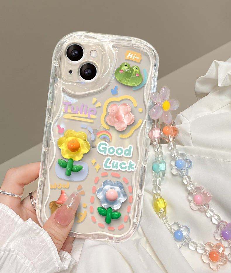 Cute Phone Case for iPhone Series Teens Case with Cute Clear 3D Flower Floral and Flower Chain Lanyard Wrist Strap Clear Phone Case for Girls Womens
