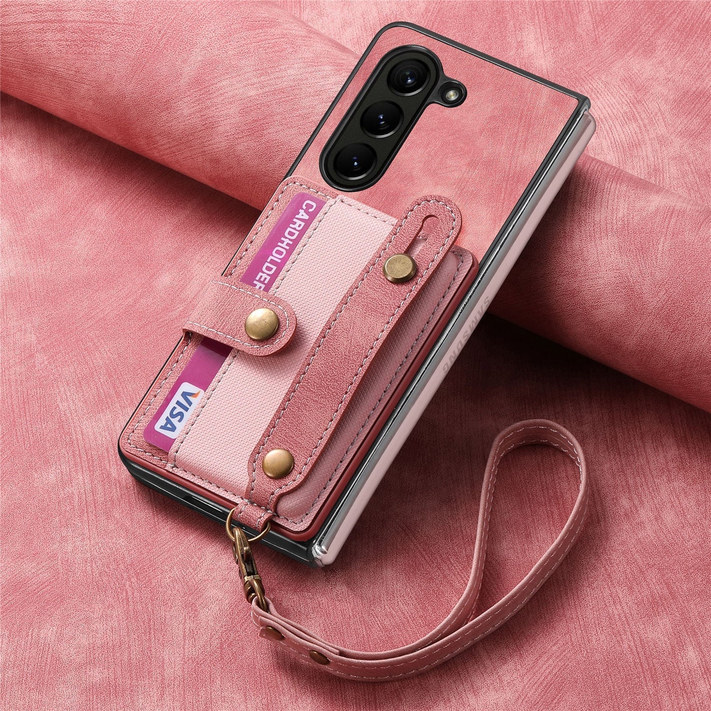 Wristband Lanyard Card Slot Leather Case Samsung Z Fold Phone Case