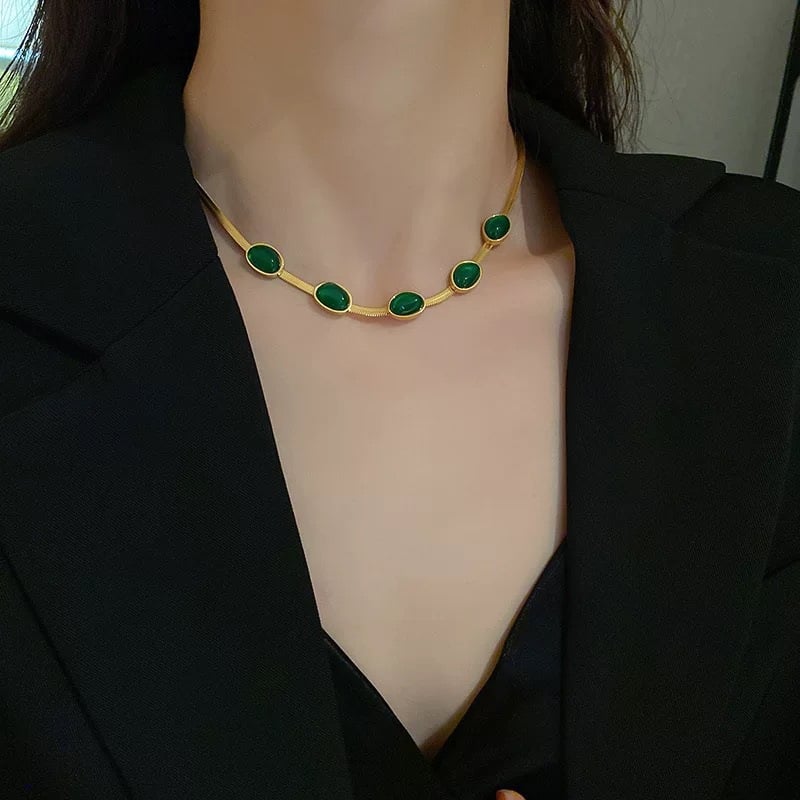 Emerald necklace earrings bracelet-3PCS