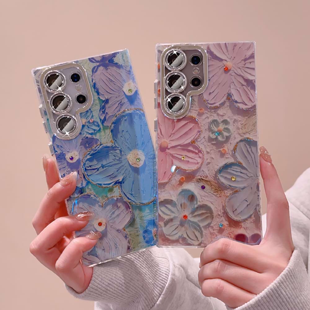 Ins Hot Oil Painting Flower Samsung Case with Lens Protector Film