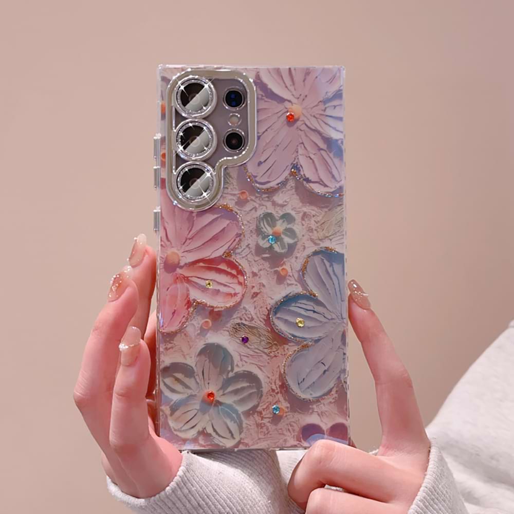 Ins Hot Oil Painting Flower Samsung Case with Lens Protector Film