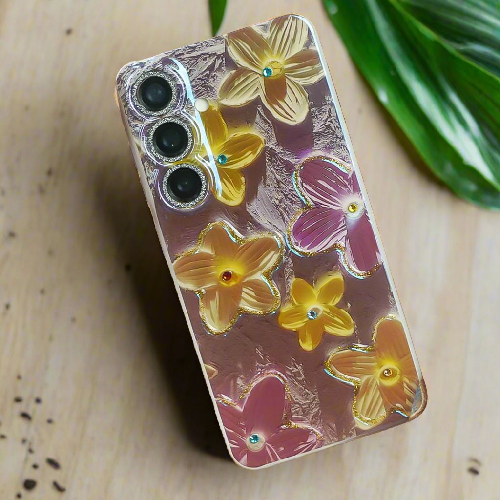 Retro Gem-Encrusted Flower Art Phone Case - Samsung