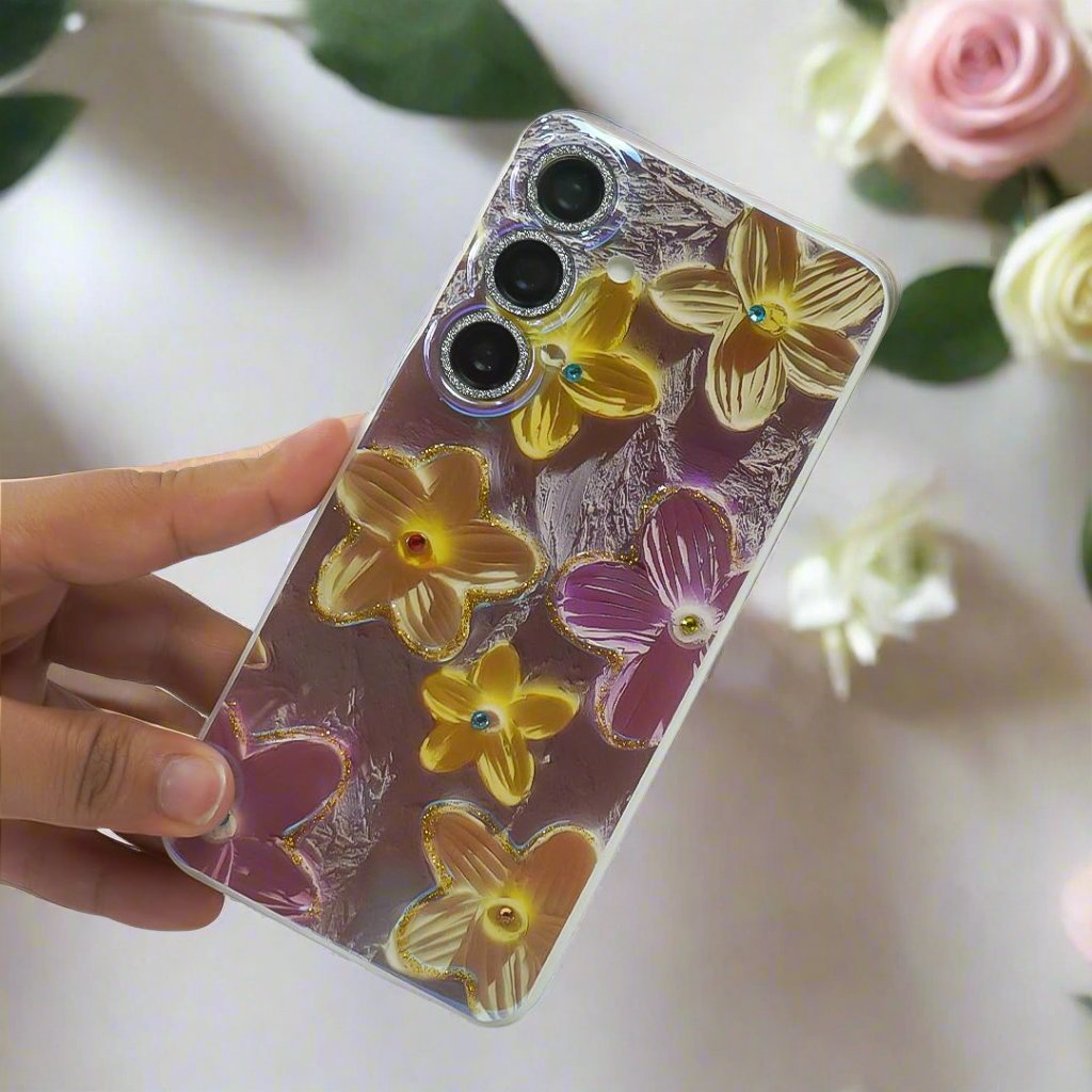Retro Gem-Encrusted Flower Art Phone Case - Samsung