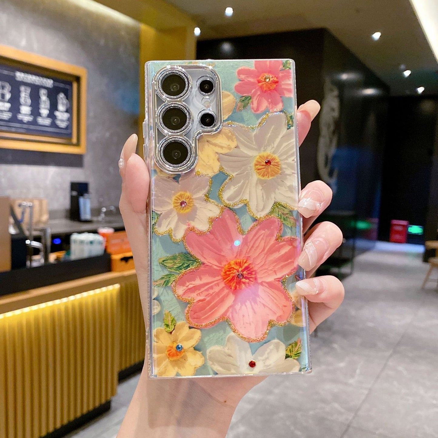 Luxury Rhinestone Oil Painting Flower Case - Samsung