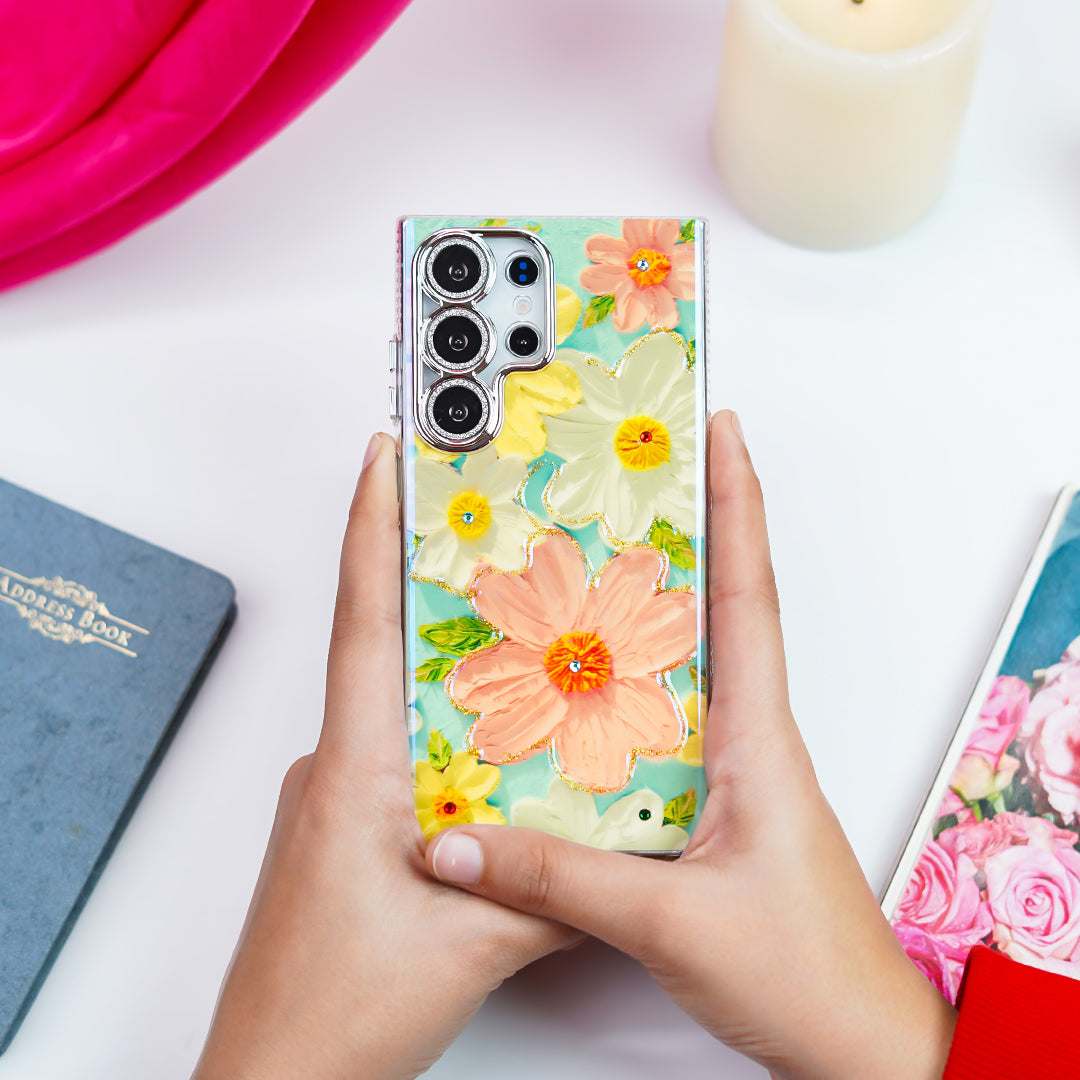Luxury Rhinestone Oil Painting Flower Case - Samsung