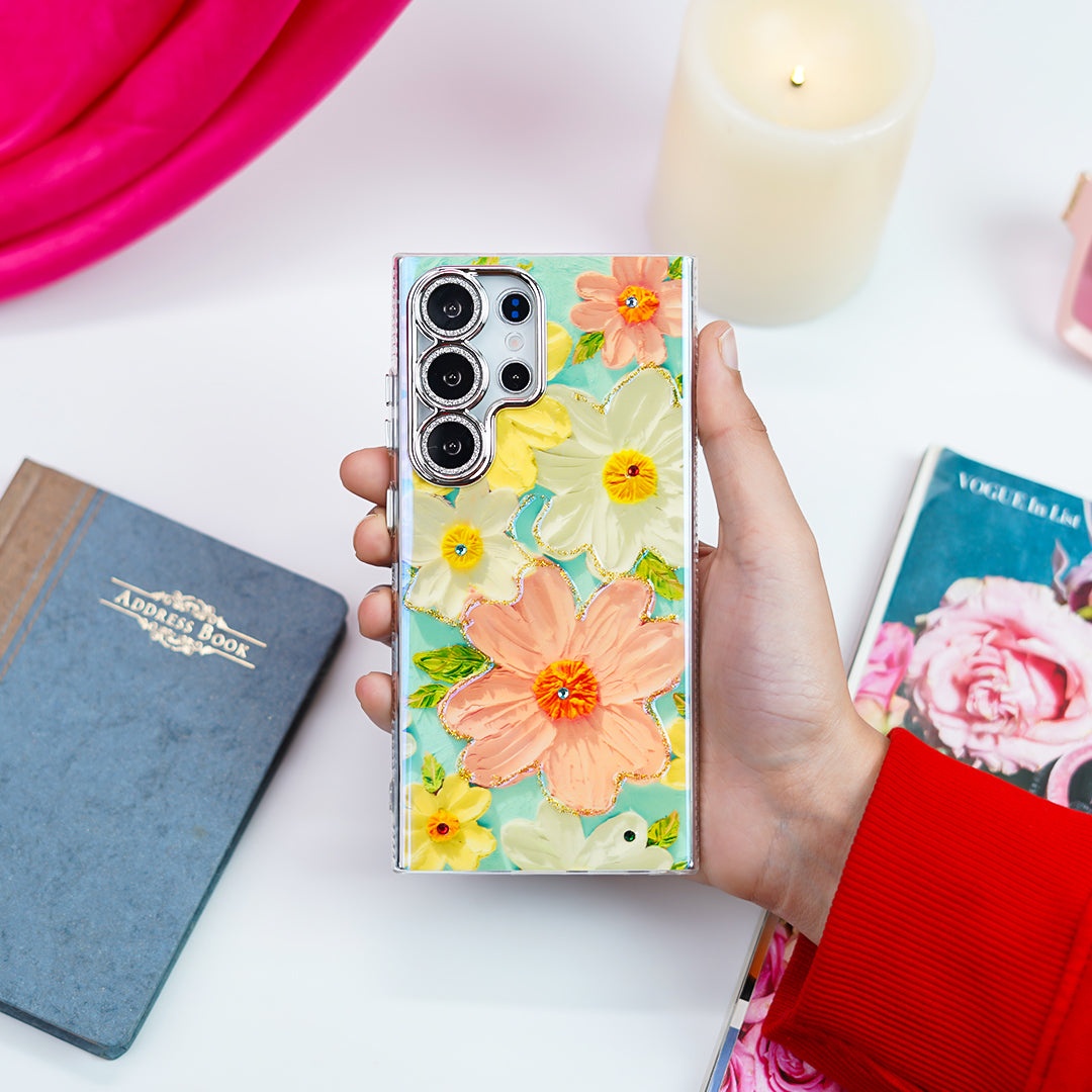 Luxury Rhinestone Oil Painting Flower Case - Samsung