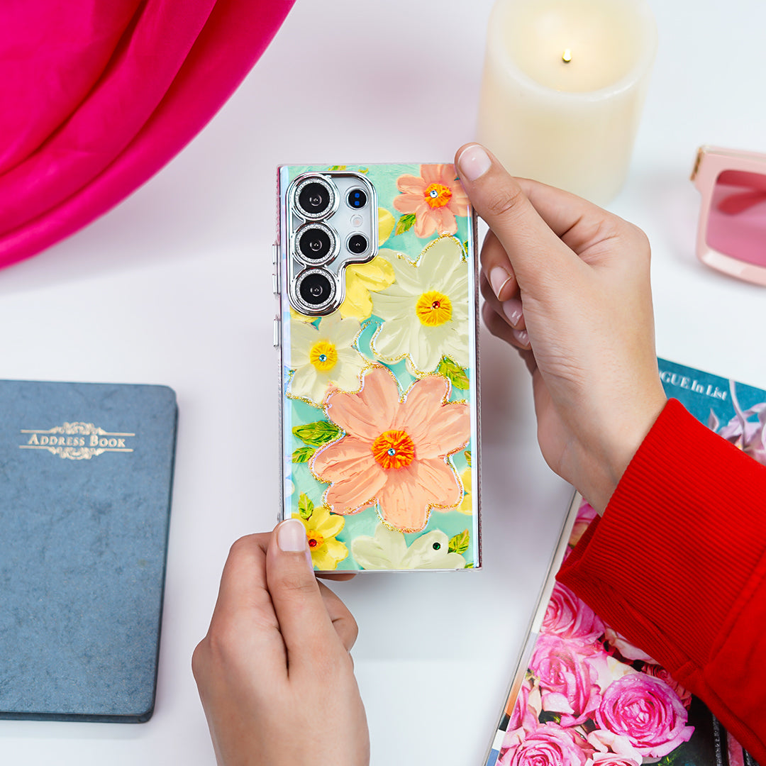 Luxury Rhinestone Oil Painting Flower Case - Samsung