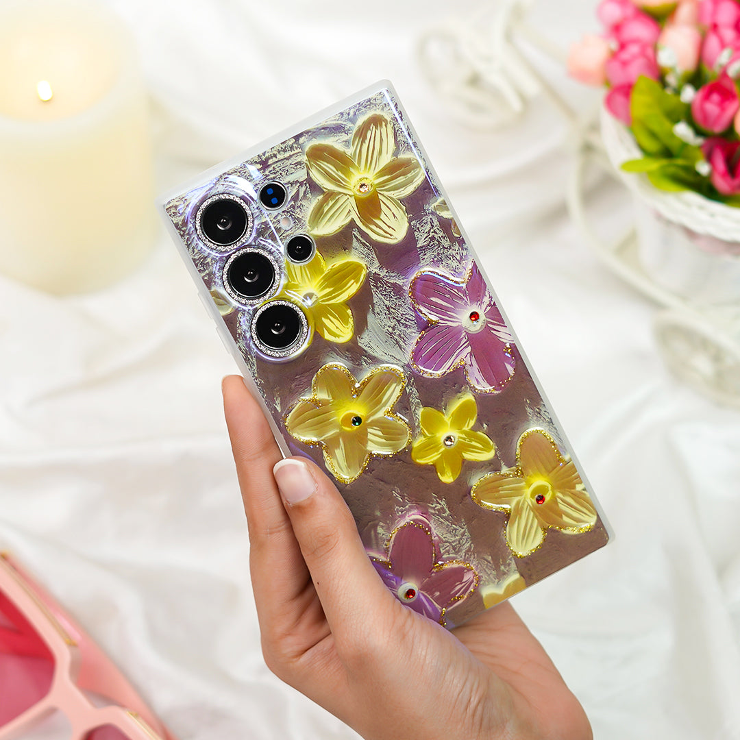 Retro Gem-Encrusted Flower Art Phone Case - Samsung