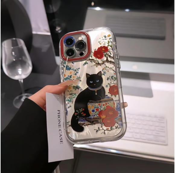 Transparent phone case with red flowers and cat