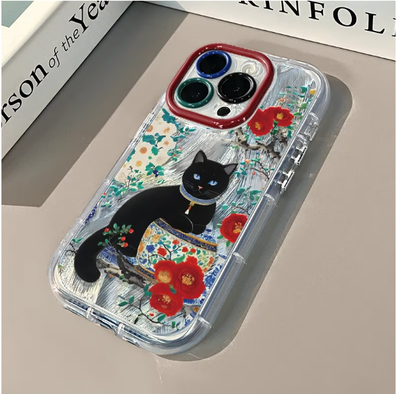 Transparent phone case with red flowers and cat