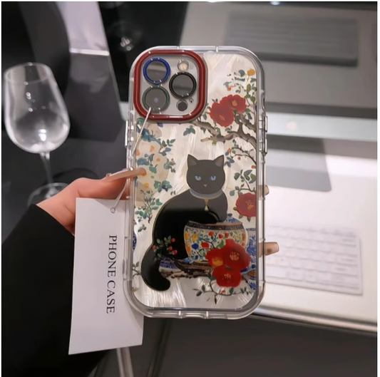 Transparent phone case with red flowers and cat