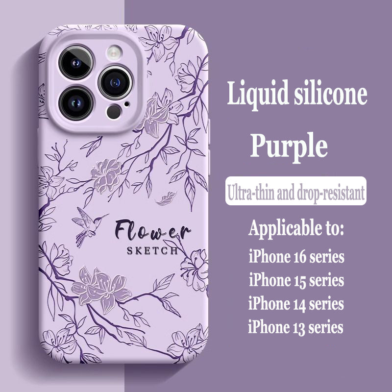 Sketch Flower Liquid Silicone Skin Feeling Magnetic Phone Case For iPhone