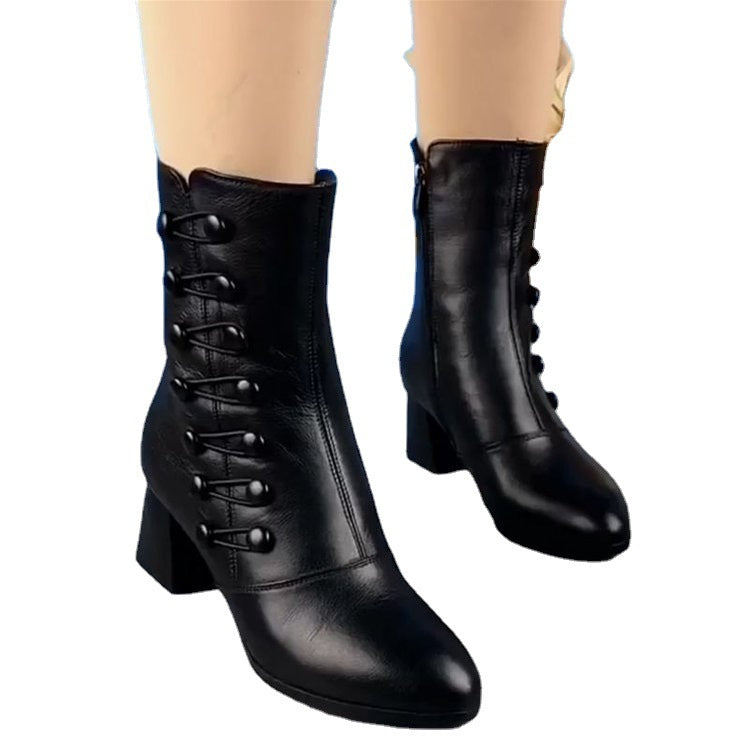 Women's Warm Side Button Leather Ankle Boots