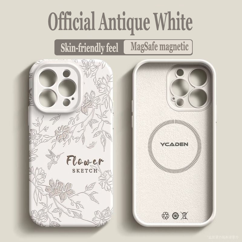 Sketch Flower Liquid Silicone Skin Feeling Magnetic Phone Case For iPhone