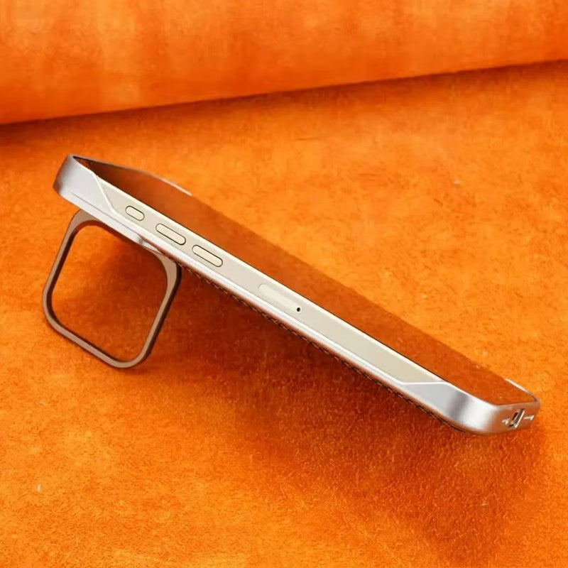 Frameless carbon fiber leather phone case with lens holder for iPhone 16/15/14/13/12 series