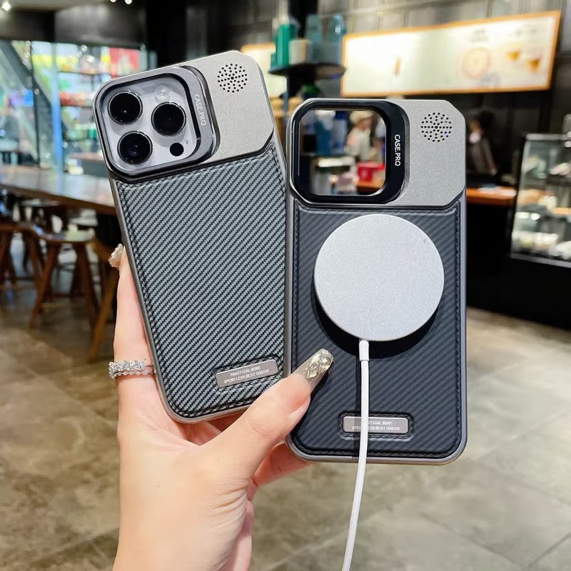 Frameless carbon fiber leather phone case with lens holder for iPhone 16/15/14/13/12 series