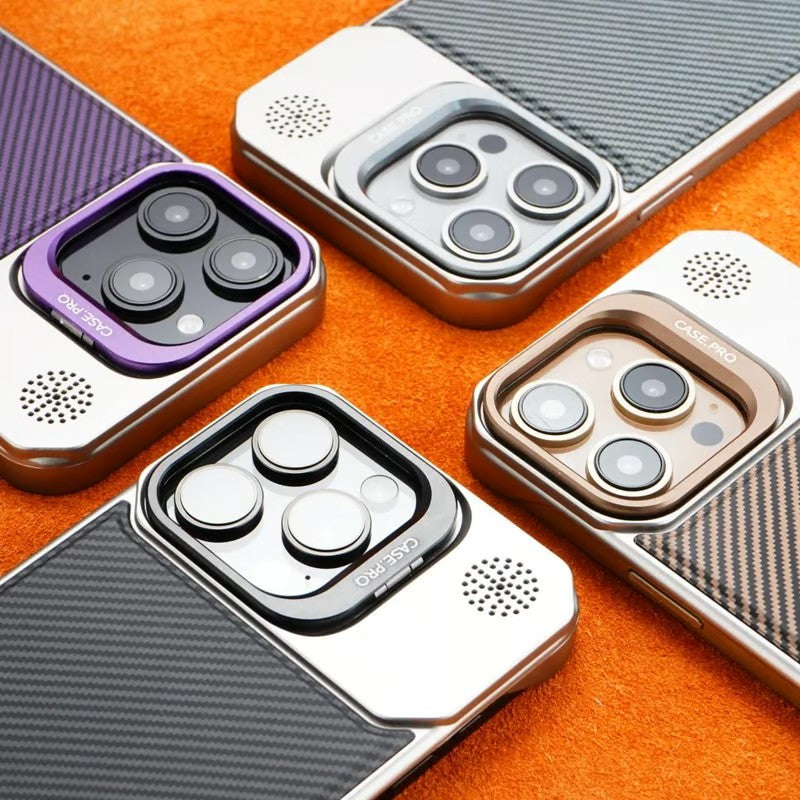 Frameless carbon fiber leather phone case with lens holder for iPhone 16/15/14/13/12 series