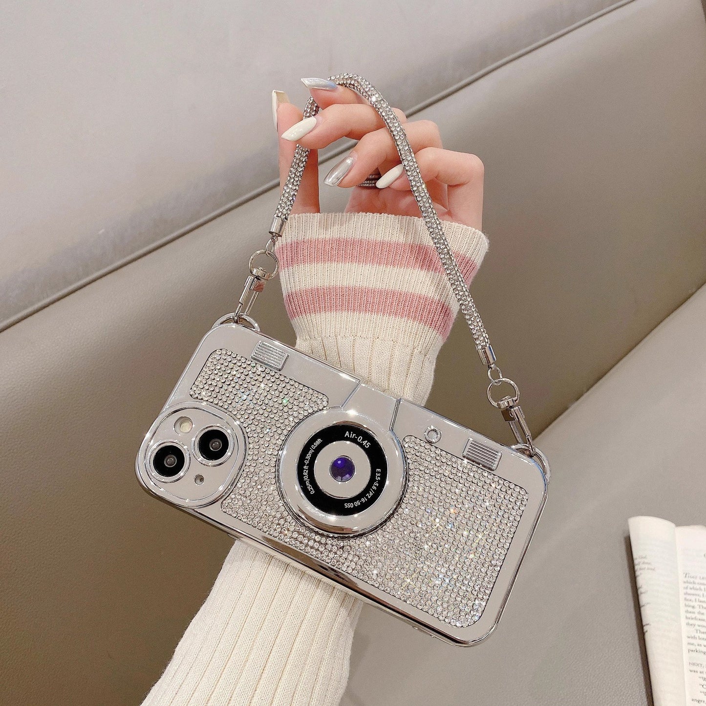Applicable to iPhone camera diamond mobile phone case Apple 14plus rhinestone high-end wristband bracelet