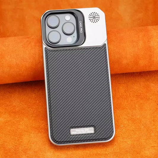 Frameless carbon fiber leather phone case with lens holder for iPhone 16/15/14/13/12 series
