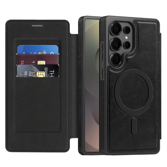 MagSafe Flip Leather Wallet Case for Samsung S25/S24/S23/S22 – RFID Blocking, Card Slots, Full Protection