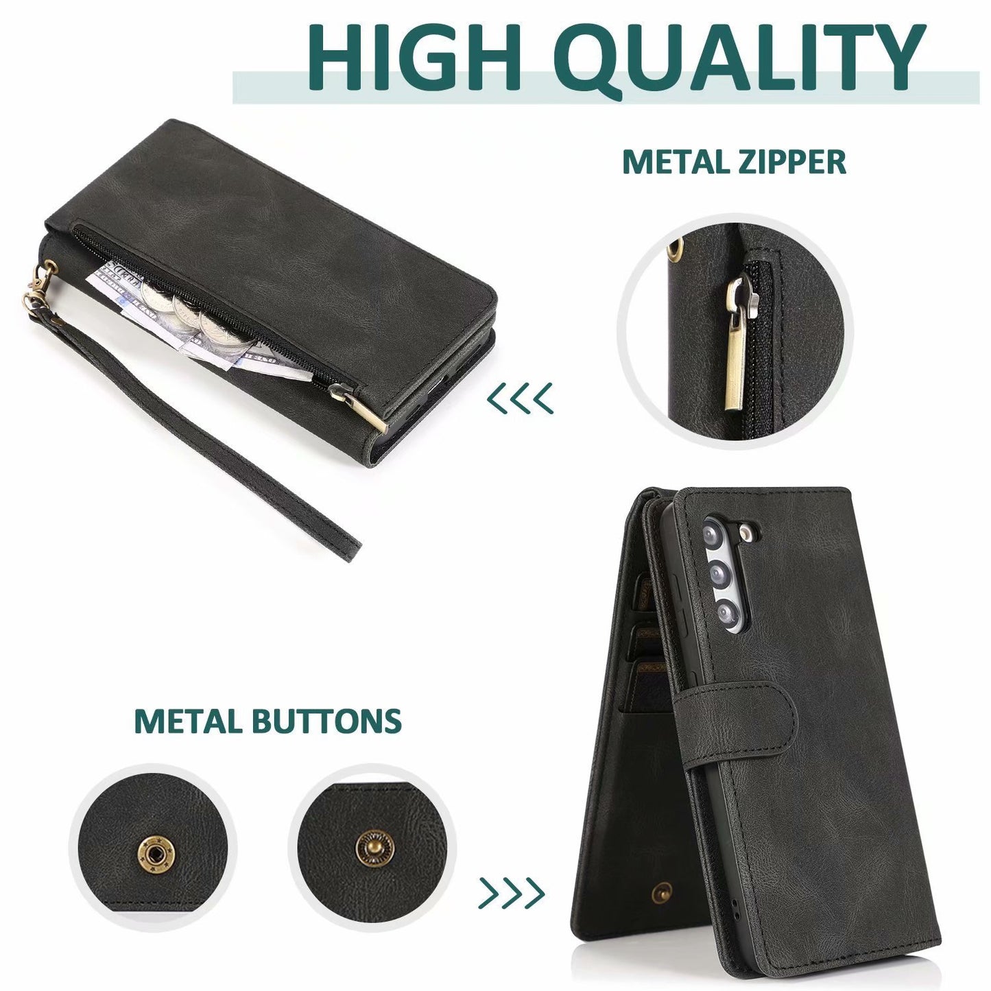 Leather Zipper Wallet Phone Case For Samsung A15
