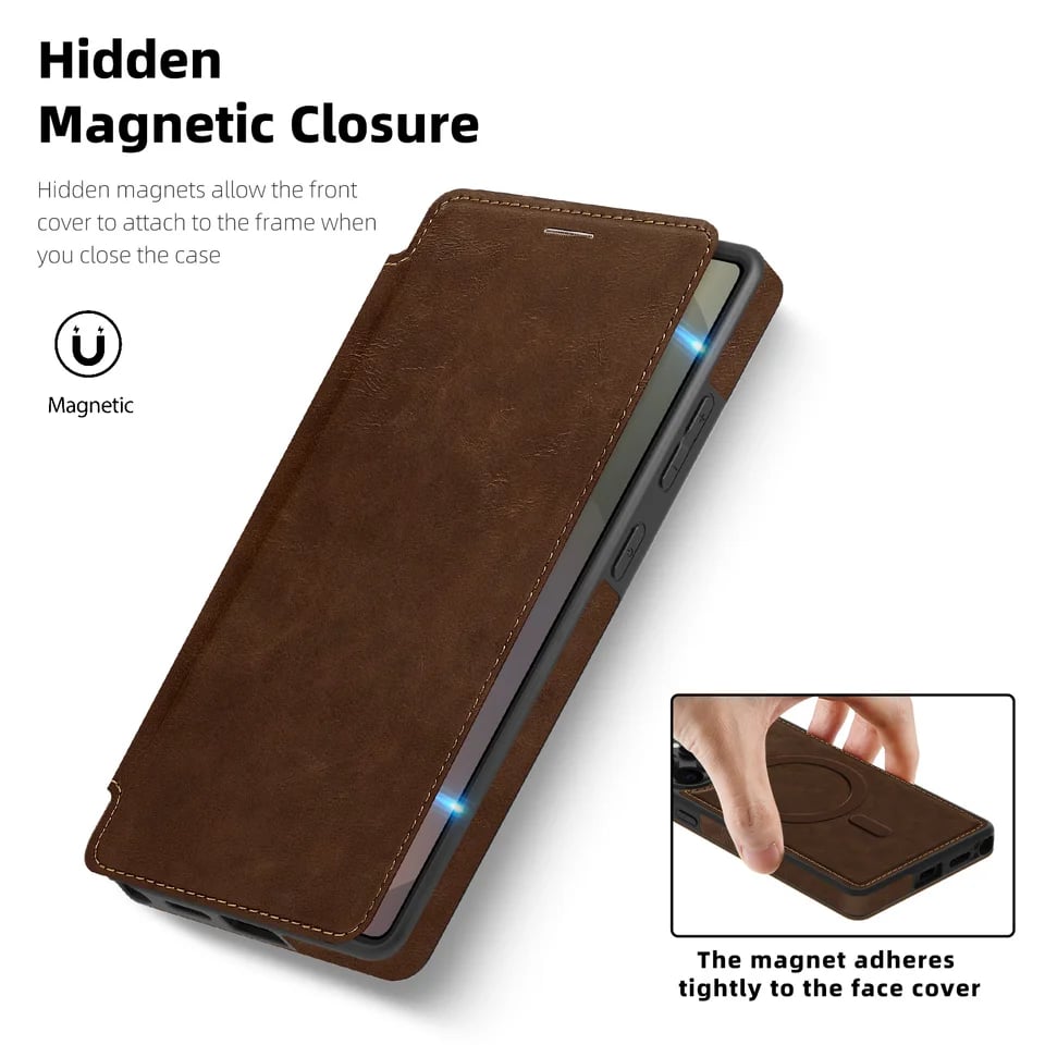 MagSafe Flip Leather Wallet Case for Samsung S25/S24/S23/S22 – RFID Blocking, Card Slots, Full Protection