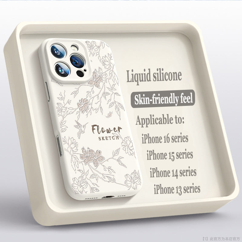 Sketch Flower Liquid Silicone Skin Feeling Magnetic Phone Case For iPhone