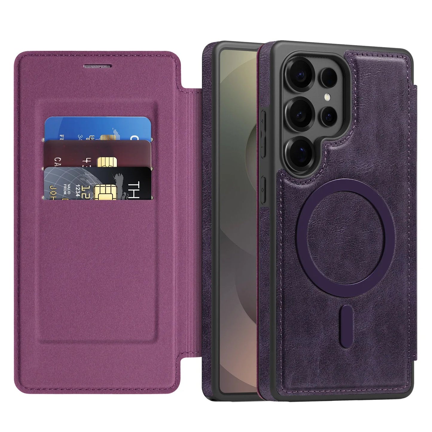 MagSafe Flip Leather Wallet Case for Samsung S25/S24/S23/S22 – RFID Blocking, Card Slots, Full Protection