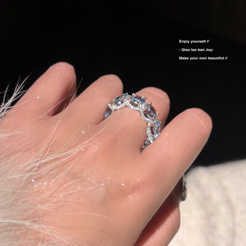 Full Diamond And Navy Blue Row Ring