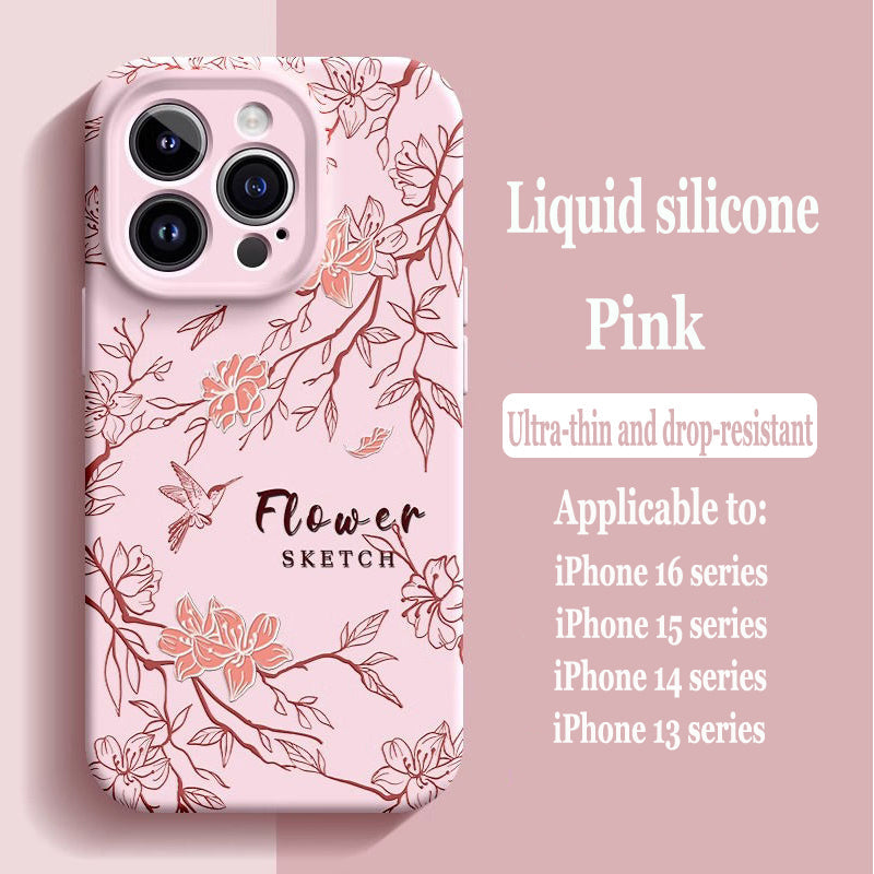 Sketch Flower Liquid Silicone Skin Feeling Magnetic Phone Case For iPhone