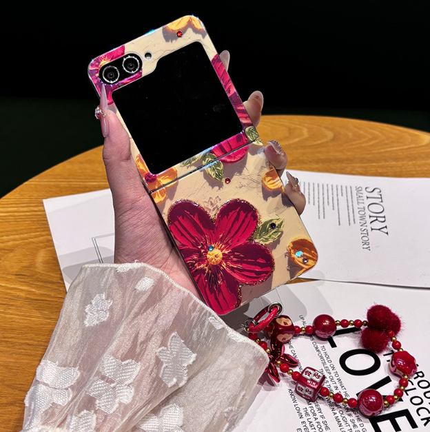 Blue Rhinestone Big Red Flower Lanyard Phone Case For Samsung Z Flip 3/4/5/6