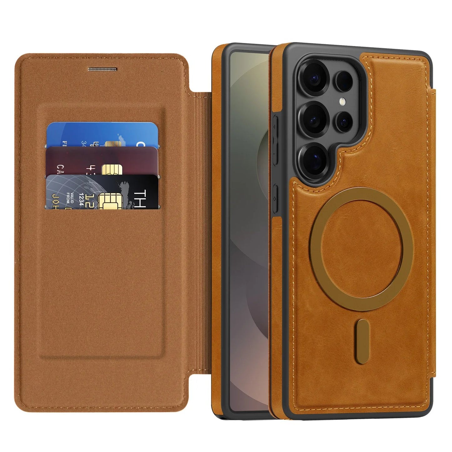 MagSafe Flip Leather Wallet Case for Samsung S25/S24/S23/S22 – RFID Blocking, Card Slots, Full Protection