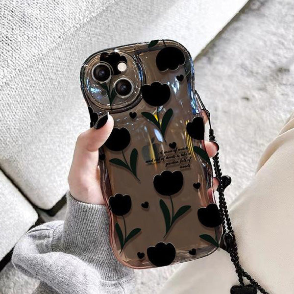 Compatible with iPhone 14/15/16 mobile phone case, cute rose flower, cool black solid color design