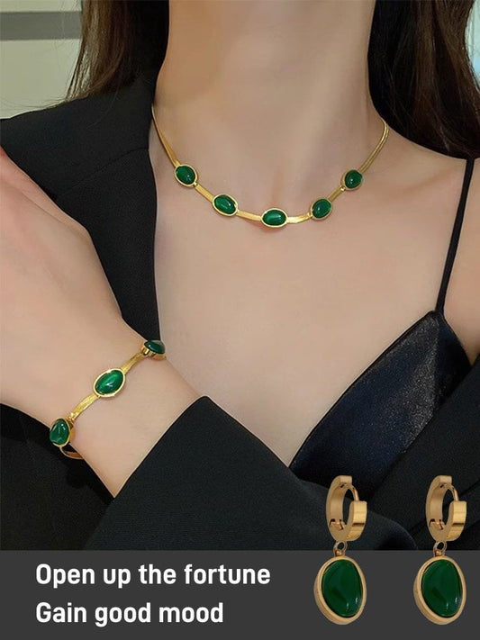 Emerald necklace earrings bracelet-3PCS