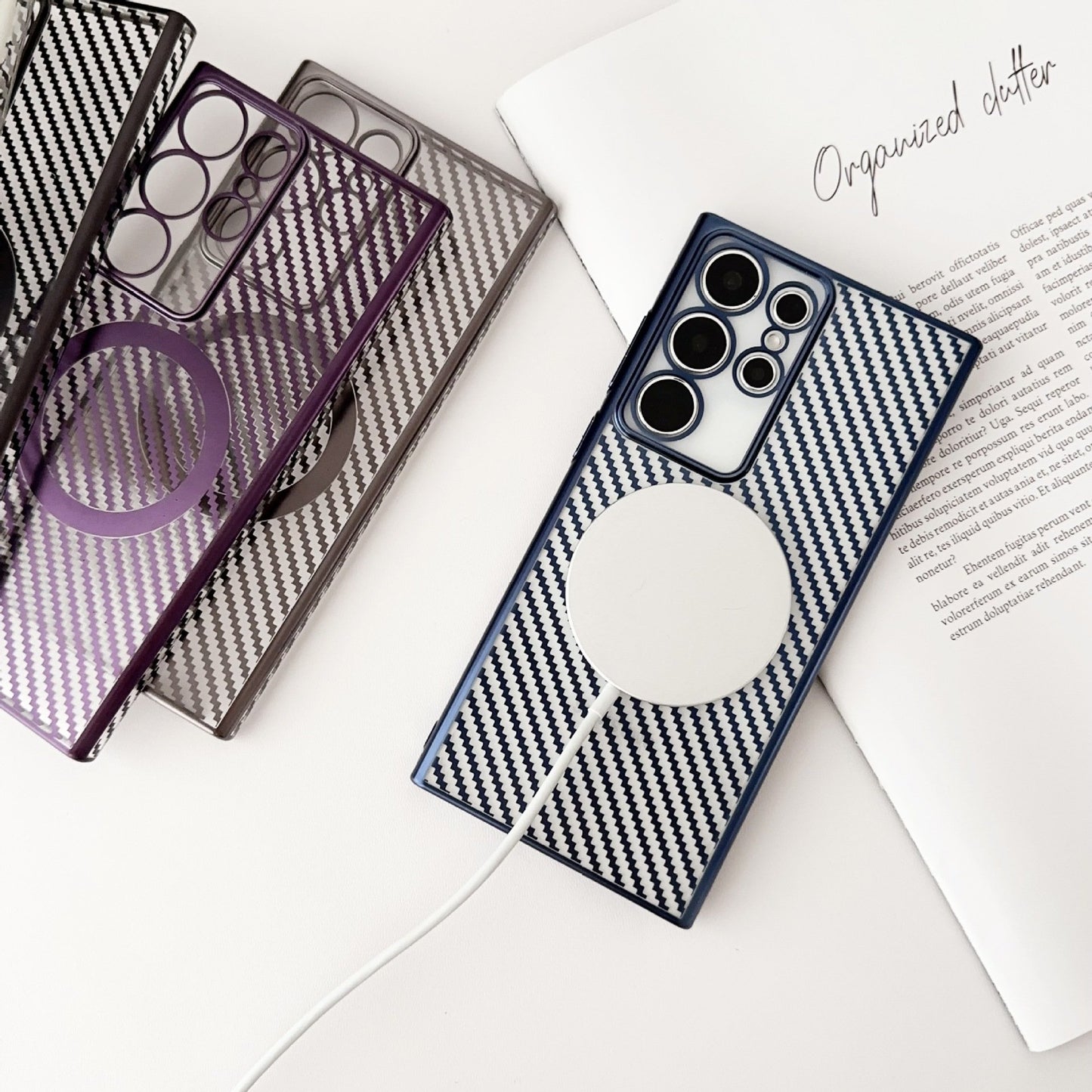 6D Plating Phone Case - Carbon Fiber Pattern Magnetic Large Hole Protective Case
