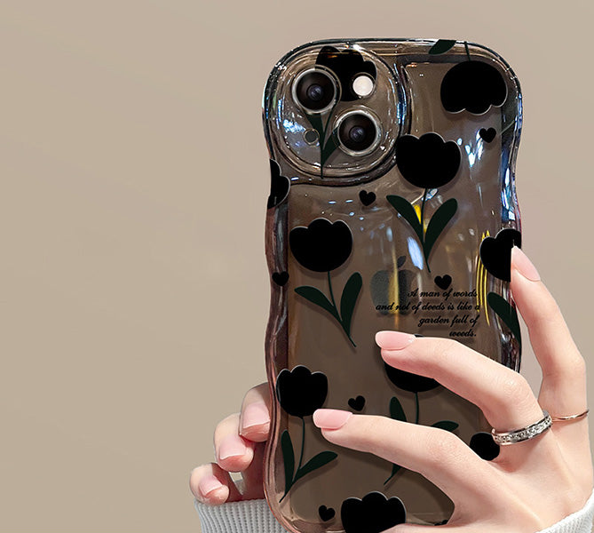 Compatible with iPhone 14/15/16 mobile phone case, cute rose flower, cool black solid color design