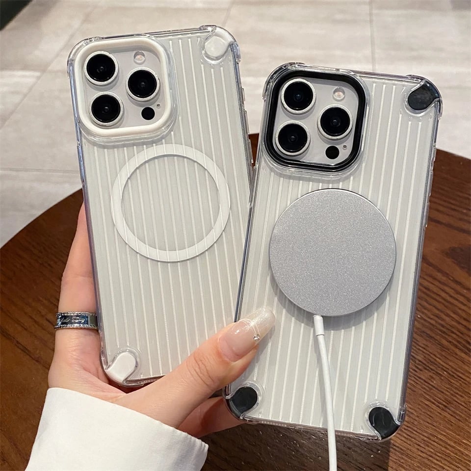 Clear 3D StripeTexture Magnetic Wireless Charging  Case For iPhone