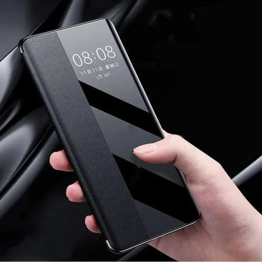 Leather Flip Clear Windows Protective Cover Phone Case For Galaxy