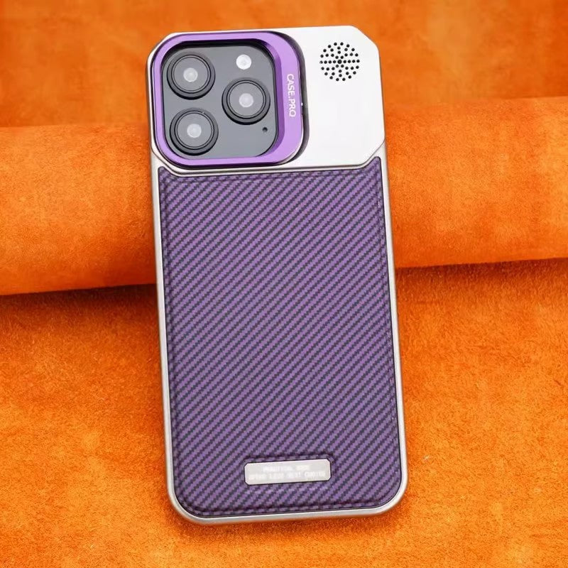 Frameless carbon fiber leather phone case with lens holder for iPhone 16/15/14/13/12 series