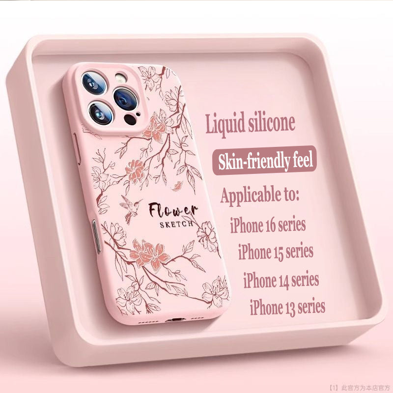 Sketch Flower Liquid Silicone Skin Feeling Magnetic Phone Case For iPhone