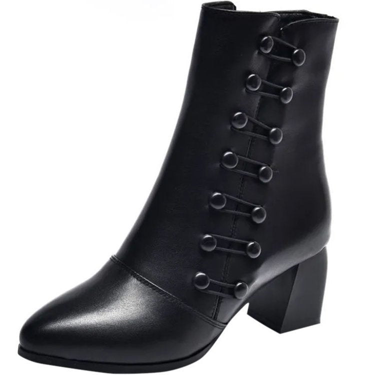 Women's Warm Side Button Leather Ankle Boots