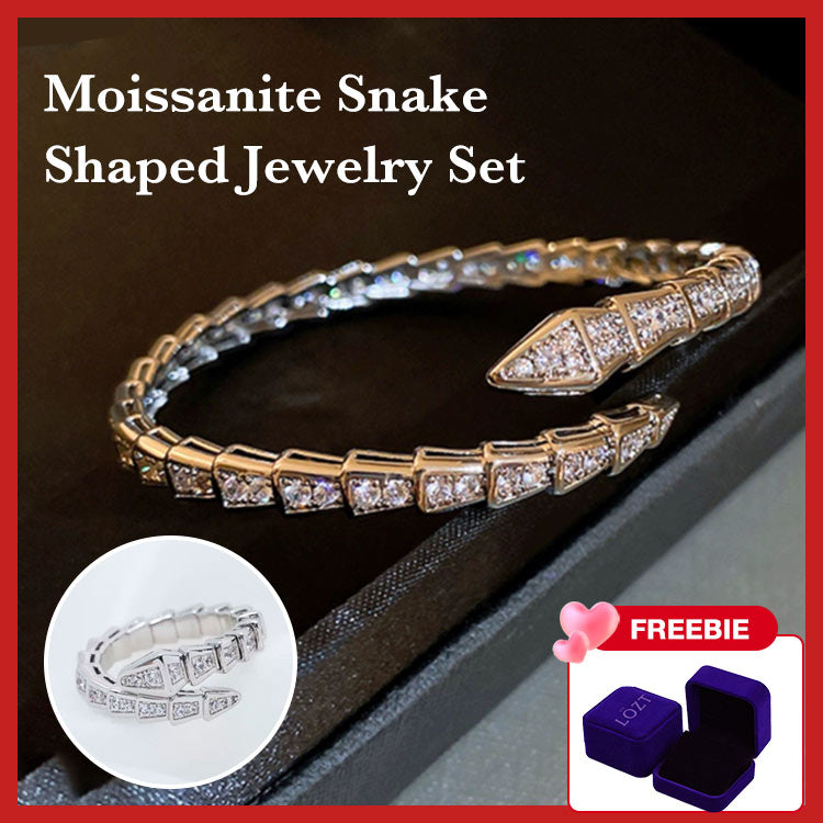 Easter promo - Moissanite Snake Shaped Bracelet and Ring Set - Free Jewelry Box.
