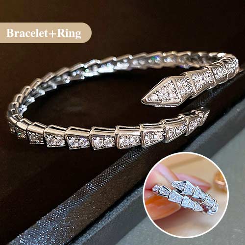 Easter promo - Moissanite Snake Shaped Bracelet and Ring Set - Free Jewelry Box.
