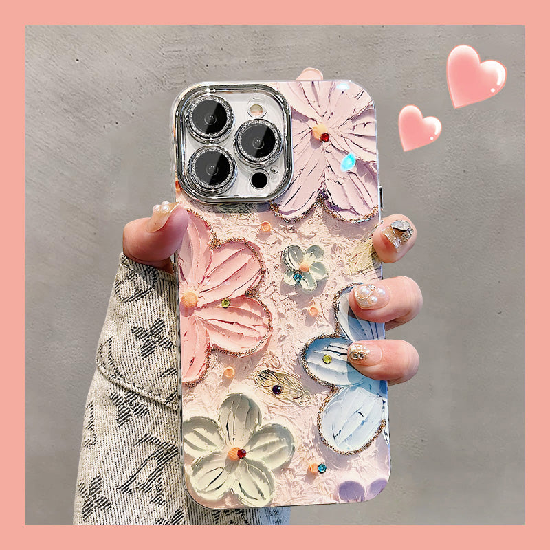 Ins Hot Oil Painting Flower Samsung Case with Lens Protector Film